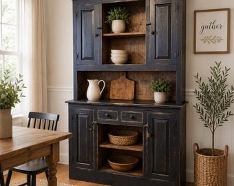 Rustic Farmhouse Wood Hutch: Vintage-Style Kitchen Storage Cabinet (77x47.5x13")