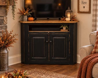 Handmade Solid Wood Corner TV Stand, Distressed Black Farmhouse Media Console