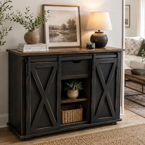 Black Rustic Buffet Cabinet | 50" Pine Sideboard w/ Barn Doors