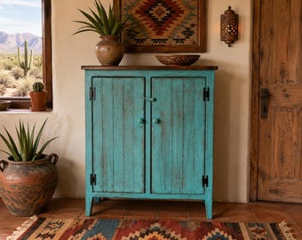 Rustic Southwestern Turquoise Cabinet | Handmade Farmhouse Kitchen Storage with Double Doors
