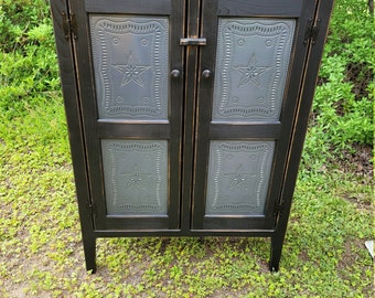 Primitive tin door cabinet / Farmhouse style furniture / Rustic cabinet