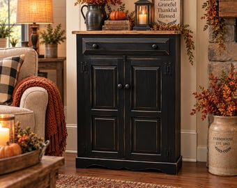 Rustic Handcrafted Distressed Wood Cabinet with Drawer - Farmhouse Entryway or Bathroom Storage Furniture