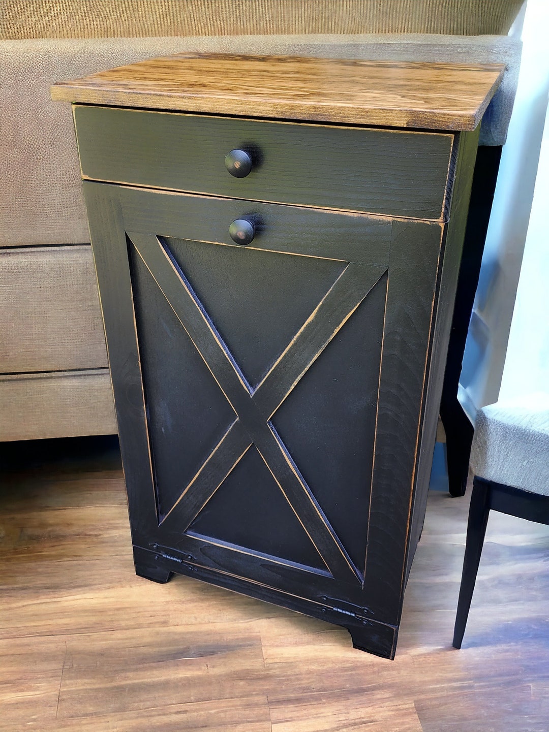 Handmade Rustic Wooden Trash Bin With Tilt Door, Waste Paper Basket ...