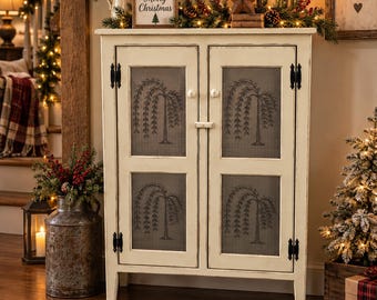 Rustic style punched tin cabinet | Farmhouse storage cupboard with distressed finish | Made in USA