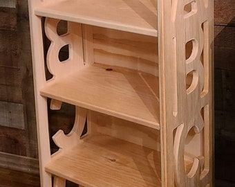Unfinished Wood ABC Bookshelf | Rustic Farmhouse Pine Toy Storage Shelf