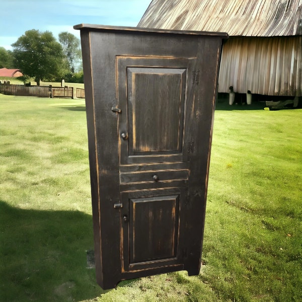 Rustic Handmade Corner Hutch in Black Finish, Farmhouse Decor, Storage Cabinet, Kitchen Shelf