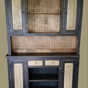 Handmade Rustic Stepback Hutch: Black Distressed Farmhouse Cabinet
