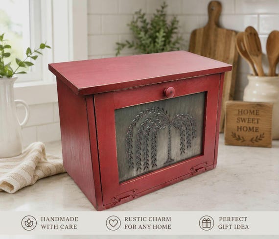 Handmade Rustic Bread Box: Punched Tin Panel, Willow Tree Design