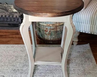 Farmhouse Accent Table: Distressed White & Walnut stand