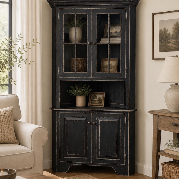 Rustic Farmhouse Corner Hutch with Glass Doors: Handmade Kitchen Storage