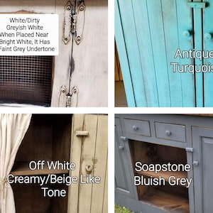 Four cabinet doors painted in different colors.