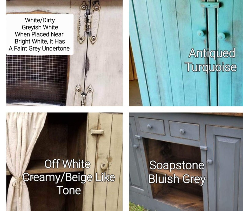 Four cabinet doors painted in different colors.