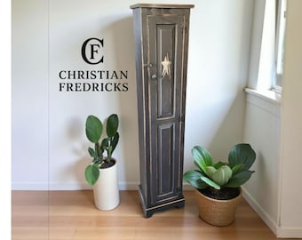 Rustic Farmhouse Chimney Cabinet | Distressed Black Pine Wood Storage (61"H x 13"W)