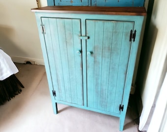 Rustic Southwestern Turquoise Cabinet | Handmade Farmhouse Kitchen Storage with Double Doors