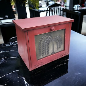 Handmade Rustic Bread Box: Punched Tin Panel, Willow Tree Design