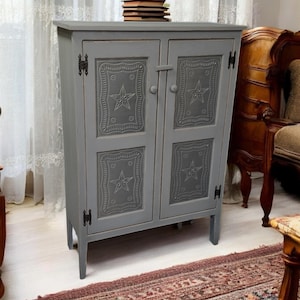 Handmade Rustic Cabinet with Punched Tin Panel doors , Farmhouse Storage Hutch, Primitive Country Furniture