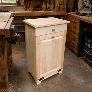 Unfinished Rustic farmhouse kitchen trash bin with drawer, wooden tilt-out garbage container