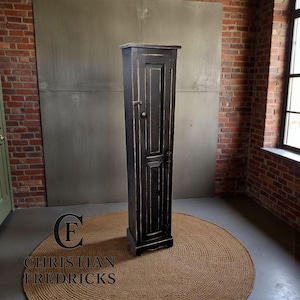 Narrow distressed cabinet, farmhouse style cupboard, rustic decor, vintage-inspired storage