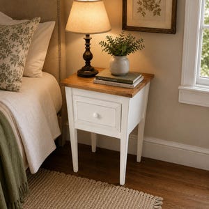May include: A white wooden nightstand with a natural wood-toned top and a single drawer featuring a round white knob. The nightstand holds a black table lamp with a beige fabric shade, a small green potted plant, and two stacked books.