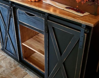 Black Rustic Buffet Cabinet | 50" Pine Sideboard w/ Barn Doors | Farmhouse Console