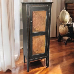 Vintage Farmhouse Rustic Storage Cabinet - Primitive Tin Door Cupboard for Kitchen, Entryway, Pantry
