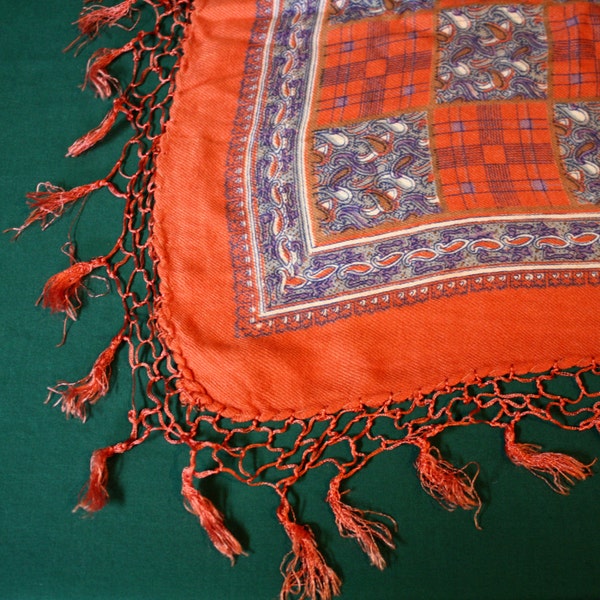 Vintage 60s Scarf, Red with Paisley and Plaid Checkerboard Pattern, 42" square, with knotted fringe, India