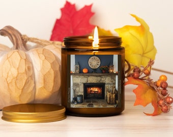 Cozy Fall Fireplace Amber Jar Soy Candle, Pumpkin Spice or Cinnamon Chai Scented Coconut Soy Wax Blend, Gift Wrapped Fall Candle For Her