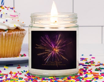 Coconut Soy Wax Candle Gift Wrapped / Birthday Gift / Scented 9oz Glass Container Candle / Purple and Gold Fireworks Fine Art Photo Candle