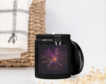 Scented Coconut Soy Wax Candle Gift Wrapped / Birthday Gift / 8oz Black Ceramic Jar & Lid / Purple and Gold Fireworks Fine Art Photo Candle