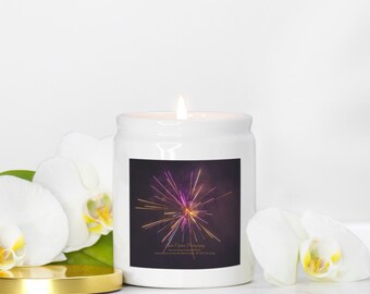 Soy Coconut Wax Candle Gift Wrapped, New Year's Eve, 8 oz White Ceramic Jar & Lid, Home Decor Gift For Her, Fireworks Fine Art Photo Candle