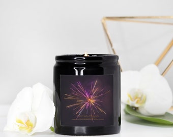 Scented Coconut Soy Wax Candle Gift Wrapped, New Year's Eve, 8oz Black Ceramic Jar & Lid, Fragrance For Him, Fireworks Fine Art Photo Candle