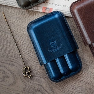 Dark Blue  Leather Cigar Case, Travel Cigar Case, Cigar Leather Box, Leather Humidor, Molded Leather Cigar Case, Churchill Cigar Case Holder