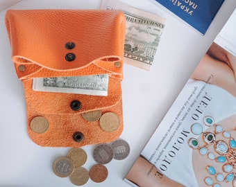 Monedero para monedas, Monedero naranja, Monedero pequeño, Monedero mujer, Monedero de cuero, Monedero tarjeta de crédito, Monedero de cuero hecho a mano regalo, monedero