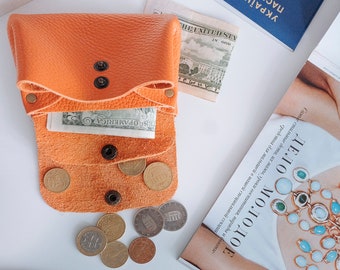 Wallet for coins, Orange wallet,Small wallet,Women wallet,Leather Wallet,Credit card wallet,Handmade Leather wallet gift, coin purse