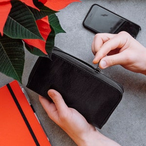 Cartera de cuero negro hecha a mano con cremallera larga, cartera de embrague, organizador de viajes de cuero, billetera de viaje, embrague con cremallera, billetera de hombre, billetera de mujer, bolso