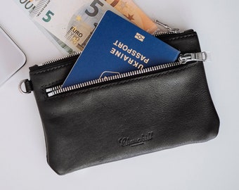 Leather envelope wallet, black leather zip wallet,  travel document wallet, travel organizer envelope pouch, money envelope, mini clutch