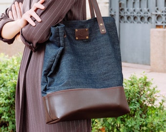 Handmade Leather denim tote bag, Leather denim tote bag women, Brown tote leather denim bag, Shopper leather denim bag, Shoulder denim bag