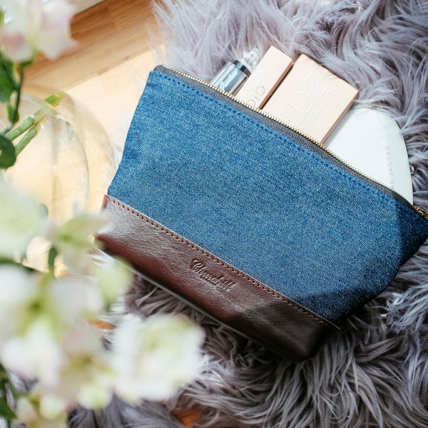 Denim leather toiletry bag, Denim Cosmetic Bag, makeup bag, cosmetic pouch, Dopp Kit bag, denim pouch, Toiletries Bag, Wash Bag, Gadget Bag