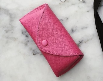 Pink Leather Glasses Case, Handstitched Eyeglasses Pouch, Eyeglass Holder, Reading Glasses Case, Luxury Handstitched Leather Case vegtan