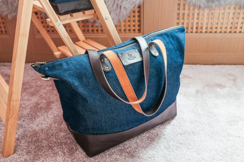 Big Leather denim tote bag, Leather denim weekender bag, travel leather denim bag, Shopper denim bag, Shoulder denim bag, Shopping Bag image 2