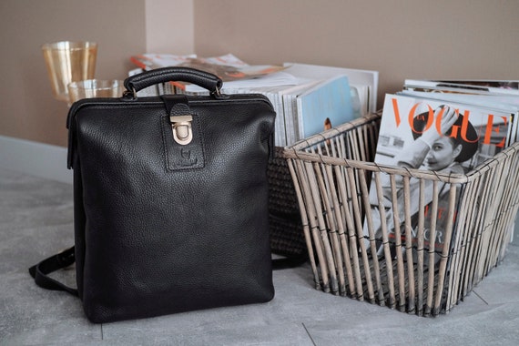 etsy black leather backpack