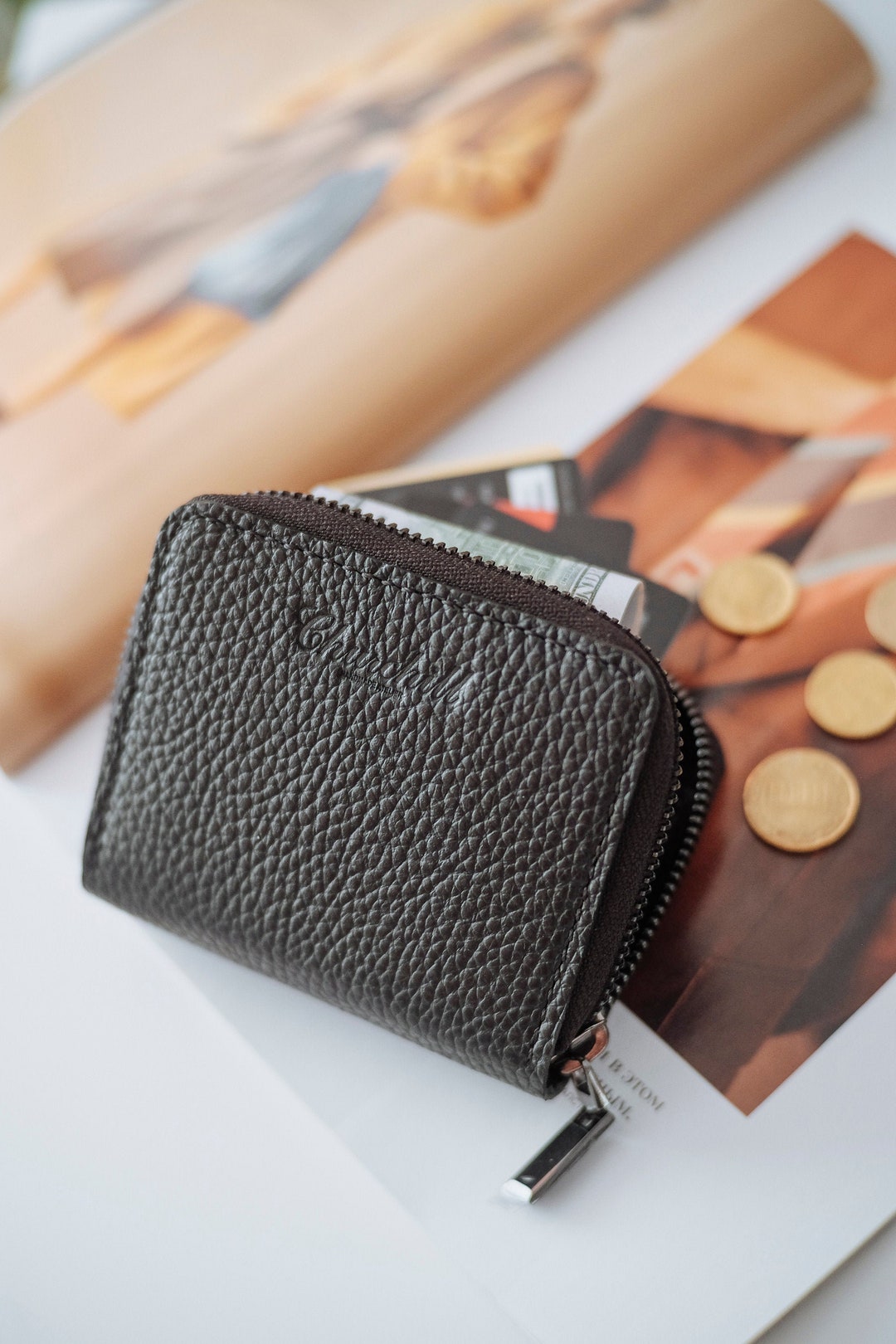 Black Leather Zip Wallet Handmade, Minimalist Zipper Wallet, Card Zip Wallet, Small Leather ...
