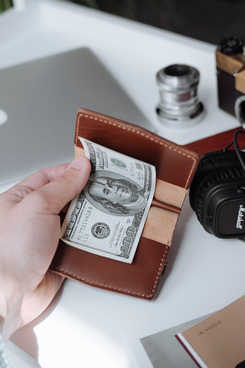 Cartera de cuero con clip de dinero, Cartera de cuero delgada, Cartera con clip, Cartera marrón, Cartera minimalista, Cartera de tarjeta, Titular de tarjeta, Cartera de negocios imagen 2