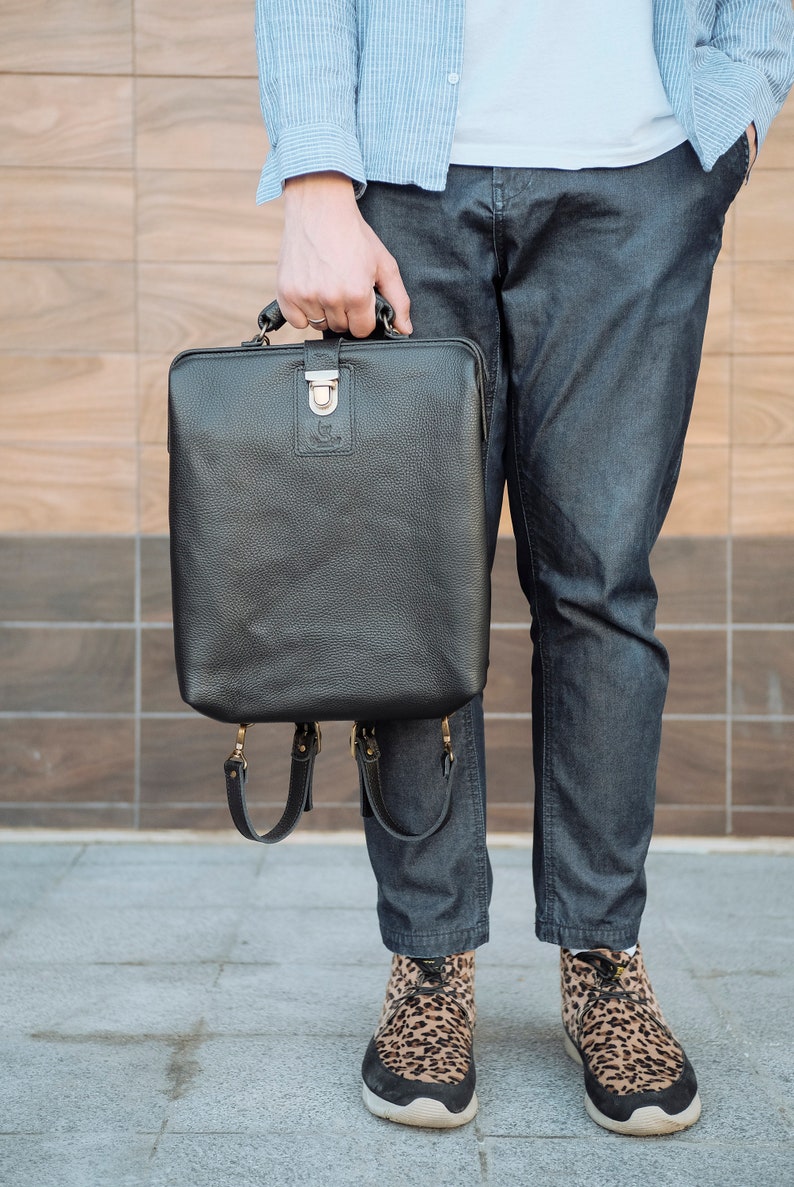 Black Leather backpack, Handmade Leather frame bag, Leather backpack rucksack, Leather Rucksack Handmade, School Leather rucksack doctor bag image 7