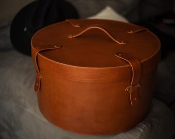 Leather Hat Box, Vintage Style Hat Box, Travel Hat Box, Train Case, Round Leather Handbag, Boho Style Hat Box, Derby Hat Box, French Hatbox