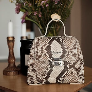 Op de afbeelding: Een klein, bruin en wit slangenleren handtasje met een bovenste handvat en een zilveren sluiting. De tas heeft het woord "Churchill" gegraveerd op de voorkant.