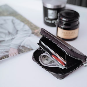 Black leather zip wallet Handmade, Minimalist Zipper Wallet, card zip wallet, Small leather wallet, simple leather wallet, compact wallet image 2