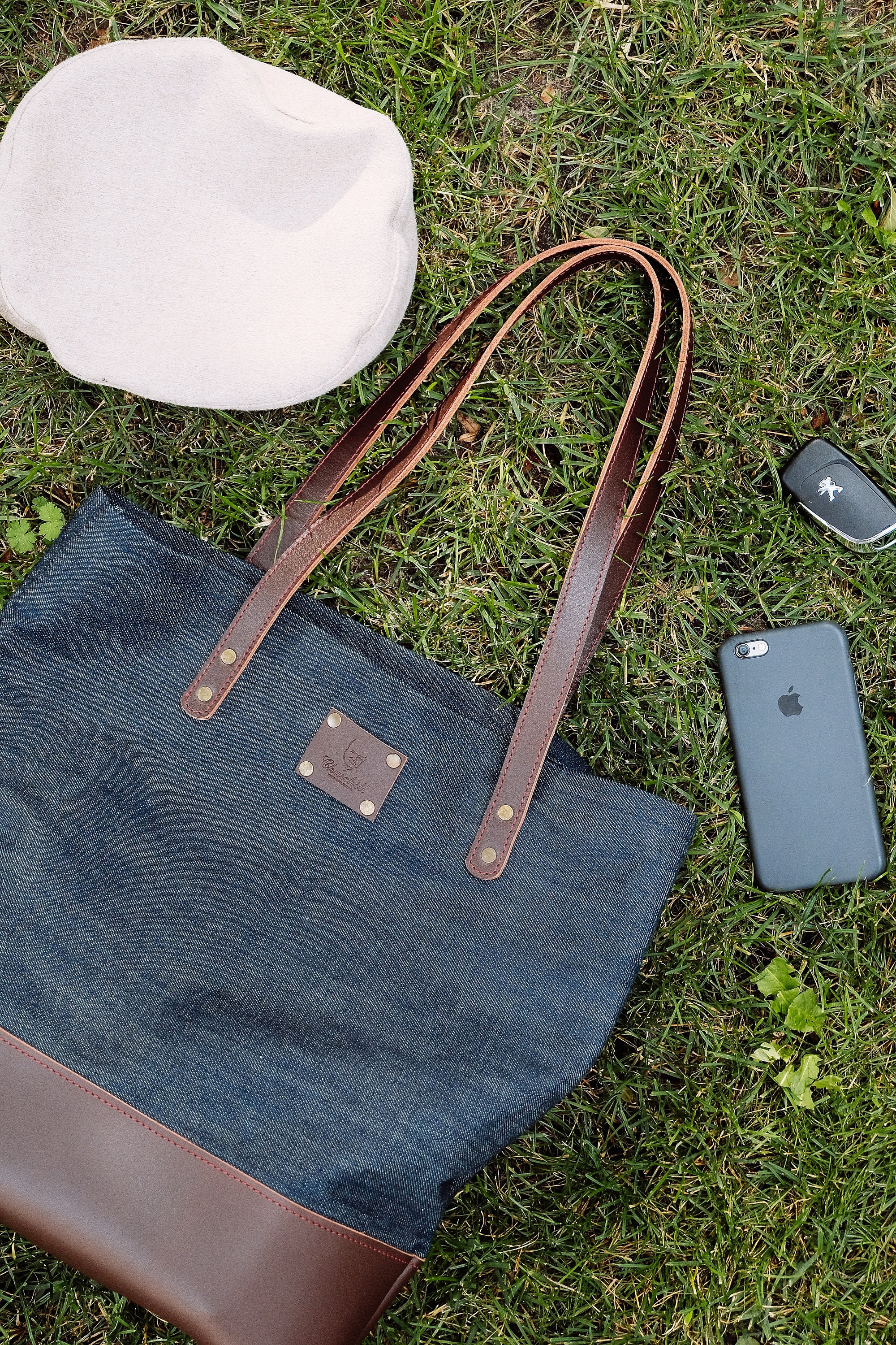 Handmade Leather Denim Tote Bag, Leather Denim Tote Bag 