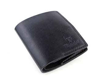 Handmade Leather black Bi-fold wallet "Essential ducat" with pocket for coins