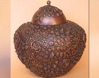 Bronze Burial Urn Medium Size, Bronze Cremation Urn, Fine Art Bronze Lidded Vessel, Museum Quality Bronze Urn, Memorial Urn in Flower Design